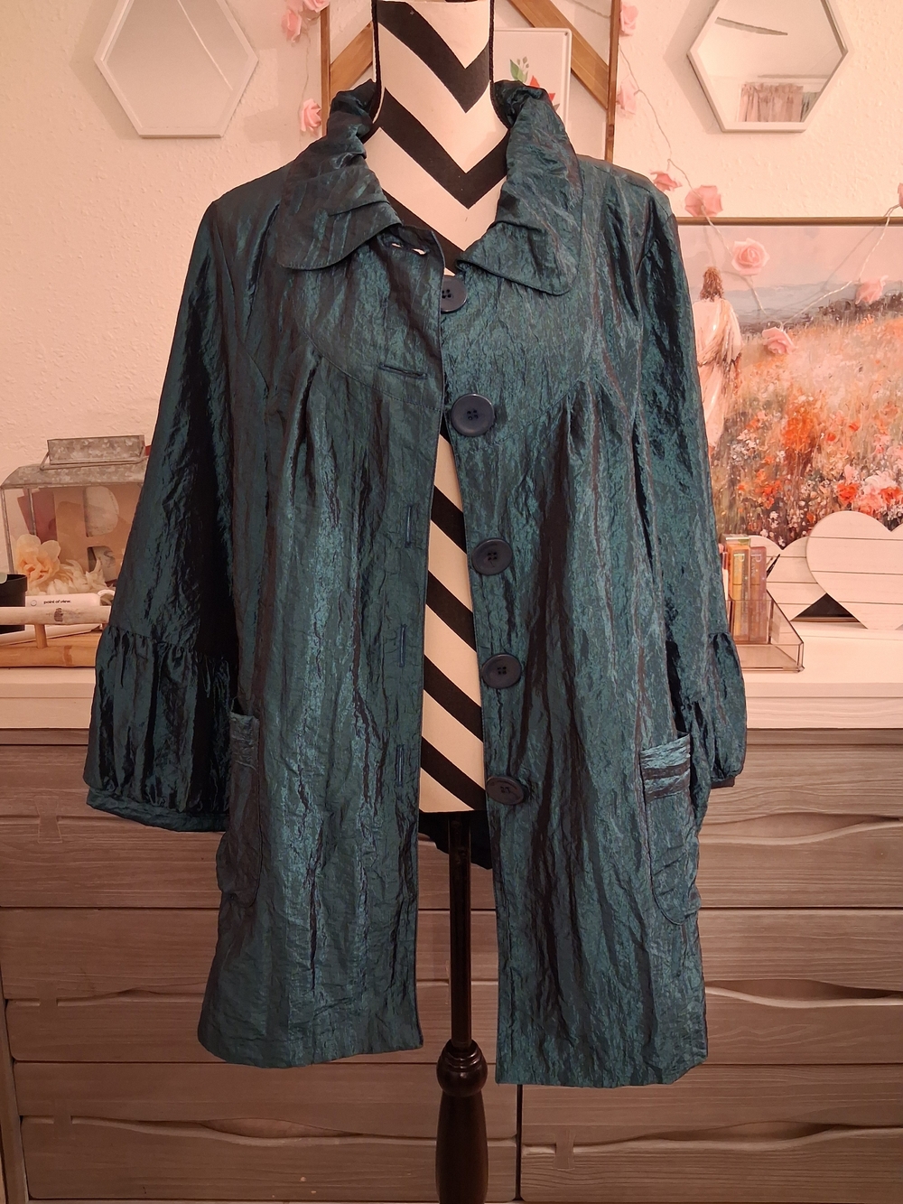 CARIBE Vintage Shimmer Teal Button-Front Trench Coat